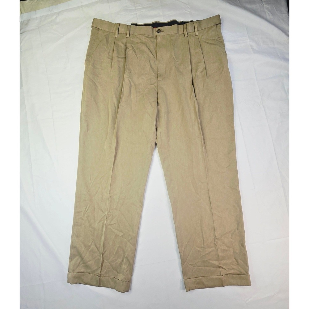 Izod Pleated Dress Pants Men's SIze 46x32 Khaki Cuffed Straight Leg Trousers